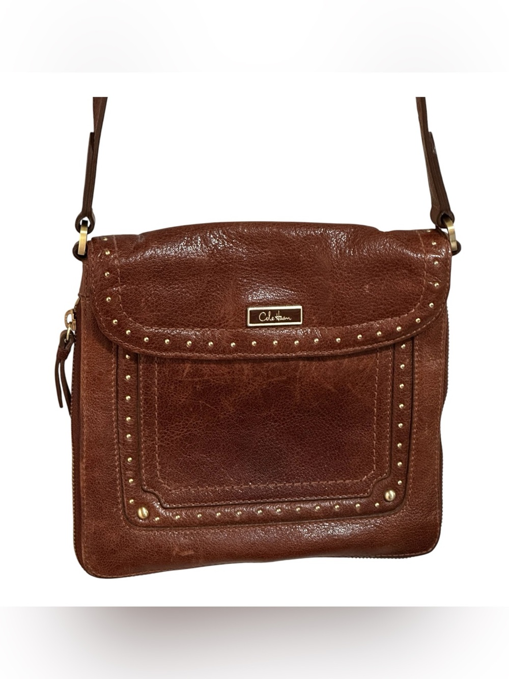 Vintage 2000's Cole Haan Brown Leather / Gold Studded Expandable Crossbody Bag